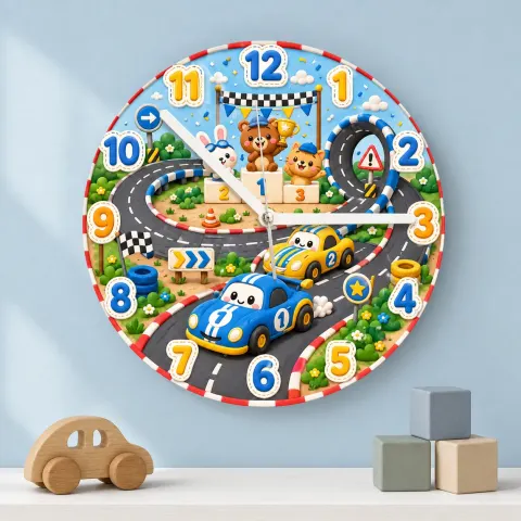 Vista alternativa de Reloj de pared infantil de pista de coches de carreras y campeones animales | Decoración para habitación de niño, regalo de cumpleaños para niño pequeño (34.5 cm)
