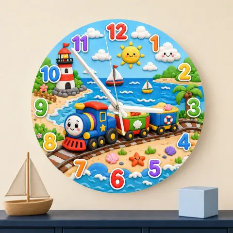 Reloj de pared de aventura en tren junto al mar para habitación infantil | Decoración de guardería costera, regalo y recuerdo para niño (34.5 cm)