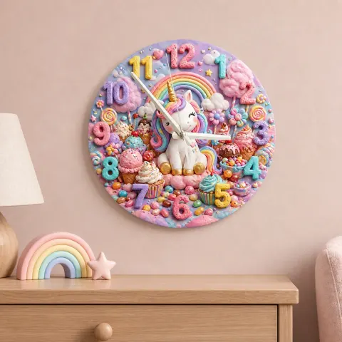 Vista alternativa di Magical Unicorn Candy Land Kids Room Wall Clock | Pastel Rainbow Nursery Art Decor, Sweet Little Girl Birthday Gift (13.6 inch / 34.5 cm)