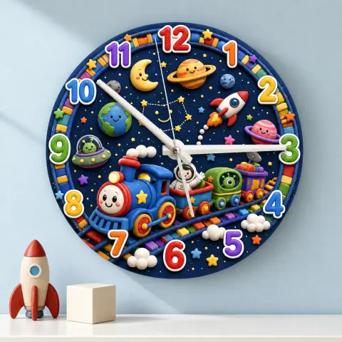 Vista alternativa di Galaxy Space Train Kids Room Wall Clock | Astronaut Nursery Decor, Little Boy Bedroom Baby Shower & Birthday Gift (13.6 inch / 34.5 cm)