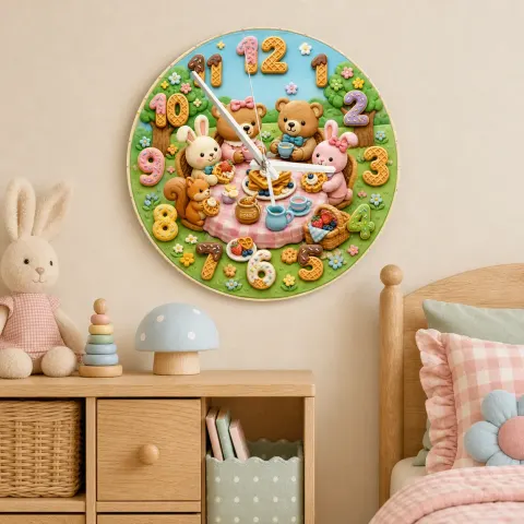 Woodland Tea Party Kids Room Wall Clock | Bunny Bear Nursery Decor, Sweet Baby Shower Birthday Gift (13.6 inch / 34.5 cm)