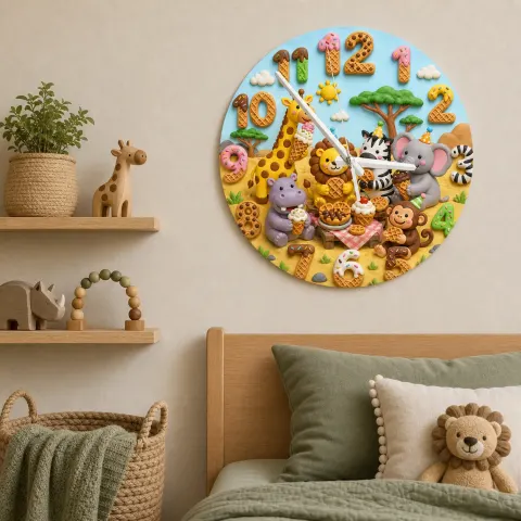 Safari Animals Waffle Kids Room Wall Clock | Jungle Nursery Decor, Baby Shower Gift For Boys Girls (13.6 inch / 34.5 cm)