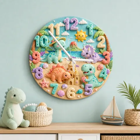 Reloj de pared infantil con dinosaurio en la playa en tonos pastel | Decoración de guardería tropical, regalo de baby shower y cumpleaños para sala de juegos (34.5 cm)