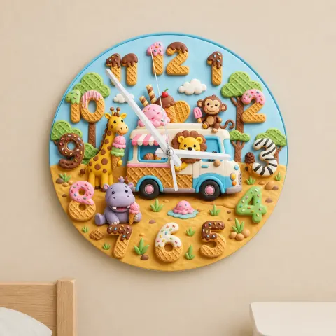 Safari Ice Cream Truck Kids Room Wall Clock | Jungle Animal Nursery Decor, Baby Boy Girl Birthday Gift (13.6 inch / 34.5 cm)