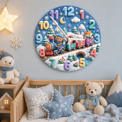 Vista alternativa di Winter Animal Train Kids Room Wall Clock | Snowy Woodland Nursery Decor, Beautiful Baby Shower Gift For Boy Or Girl (13.6 inch / 34.5 cm)