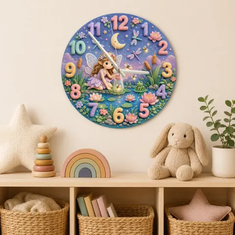 Vista alternativa di Magical Fairy Pond Kids Room Wall Clock | Enchanted Forest Nursery Decor, Whimsical Baby Girl Room Birthday Keepsake (13.6 inch / 34.5 cm)