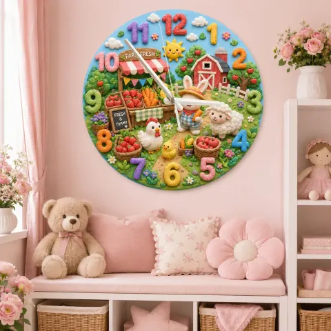 Vista alternativa di Farm Animals Kids Room Wall Clock | Bunny Farmer Nursery Decor, Baby Shower Birthday Gift Keepsake Toddler Room Art (13.6 inch / 34.5 cm)