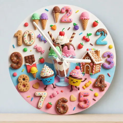 Vista alternativa di Candyland Sweet Treats Kids Room Wall Clock | Ice Cream Cupcake Nursery Decor, Little Girl Bedroom Birthday Art Gift (13.6 inch / 34.5 cm)