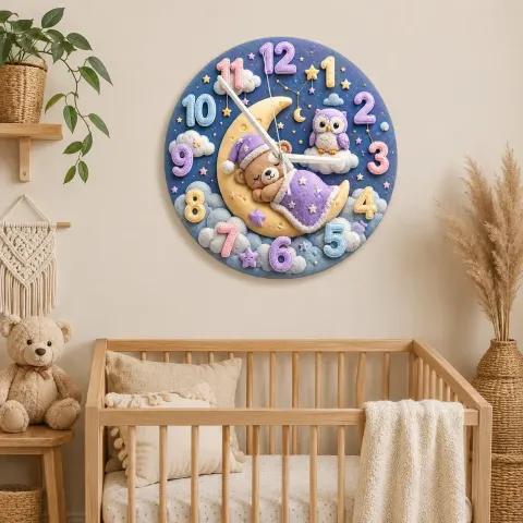 Sleeping Bear and Owl Kids Room Wall Clock | Pastel Starry Night Nursery Decor, Baby Shower Gift For Boys & Girls (13.6 inch / 34.5 cm)