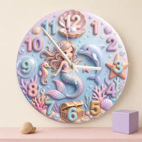 Pastel Mermaid And Dolphin Kids Room Wall Clock | Magical Ocean Nursery Decor Art, Little Girl Bedroom Birthday Gift (13.6 inch / 34.5 cm)