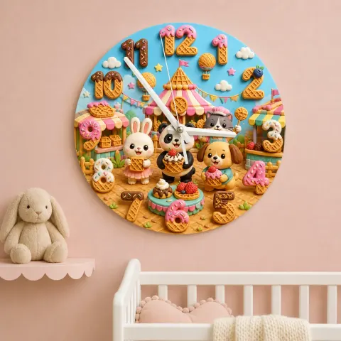 Puppy Bunny Ice Cream Kids Room Wall Clock | Pet Nursery Decor, Sweet Birthday Gift For Girls Boys (13.6 inch / 34.5 cm)