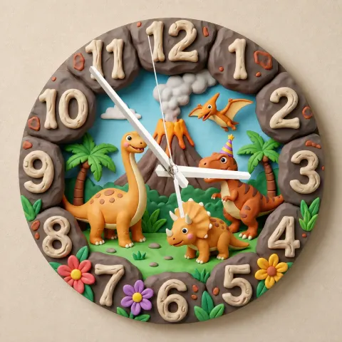 Dinosaur Volcano Kids Room Wall Clock | Prehistoric Jungle Nursery Decor, Little Boy Bedroom Birthday Gift Keepsake (13.6 inch / 34.5 cm)
