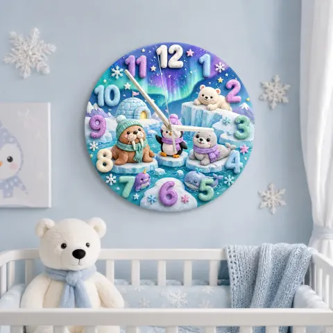 Cute Arctic Animals Kids Room Wall Clock | Northern Lights Nursery Decor, Polar Bear & Penguin Baby Shower Gift Idea (13.6 inch / 34.5 cm)