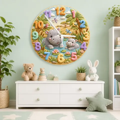 Vista alternativa di Safari Hippo Family Kids Room Wall Clock | Cute Jungle Animal Nursery Decor, Beautiful Baby Shower Gifts & Keepsakes (13.6 inch / 34.5 cm)