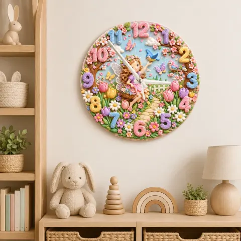 Vista alternativa di Whimsical Fairy Garden Kids Room Wall Clock | Pastel Floral Nursery Decor, Magical Little Girls Bedroom Decor Gift (13.6 inch / 34.5 cm)