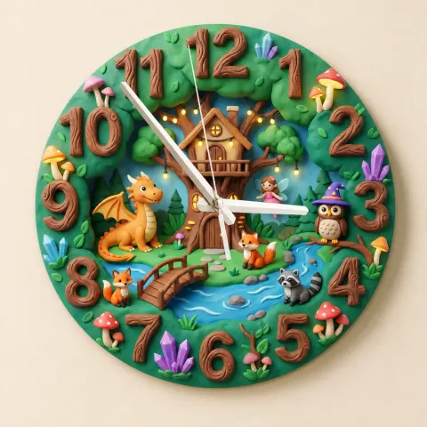 Enchanted Forest Dragon Fairy Kids Room Wall Clock | Magical Woodland Nursery Decor, Baby Boy And Girl Birthday Gift (13.6 inch / 34.5 cm)