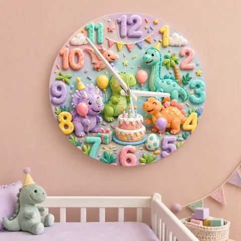 Vista alternativa de Reloj de pared infantil de fiesta de cumpleaños con dinosaurios en tonos pastel | Dulce decoración de guardería con dinosaurios, regalo de recuerdo para el cuarto de un niño pequeño (34.5 cm)