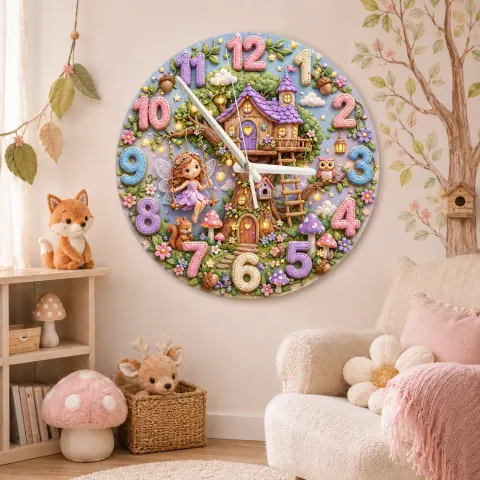 Enchanted Fairy Treehouse Kids Room Wall Clock | Magical Woodland Nursery Decor, Little Girl Birthday Keepsake Gift (13.6 inch / 34.5 cm)