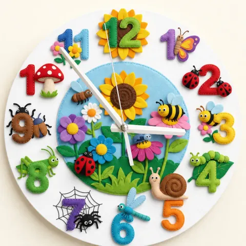 Garden Bugs and Flowers Kids Room Wall Clock | Whimsical Nature Nursery Decor, Colorful Toddler Girl Birthday Gift (13.6 inch / 34.5 cm)
