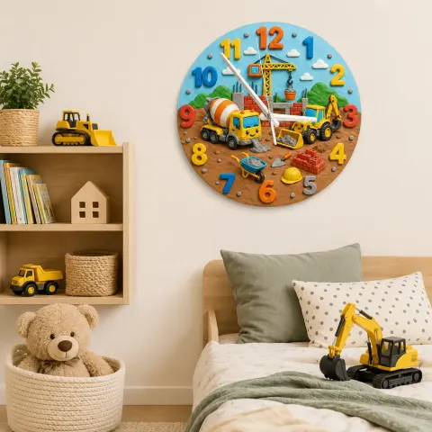 Construction Trucks Kids Room Wall Clock | Digger And Excavator Nursery Decor, Toddler Boy Playroom Birthday Present (13.6 inch / 34.5 cm)