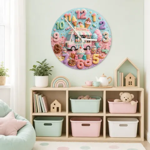 Vista alternativa di Pastel Ice Cream Truck Kids Room Wall Clock | Sweet Candyland Nursery Wall Decor, Cute Baby Girl Bedroom Birthday Gift (13.6 inch / 34.5 cm)