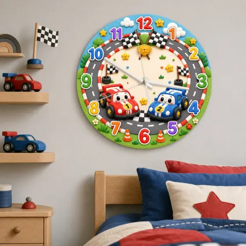 Vista alternativa de Reloj de pared infantil de pista de coches de carreras | Adorables coches azules y rojos, decoración de guardería, arte de pared para el dormitorio de un niño, regalo de cumpleaños (34.5 cm)