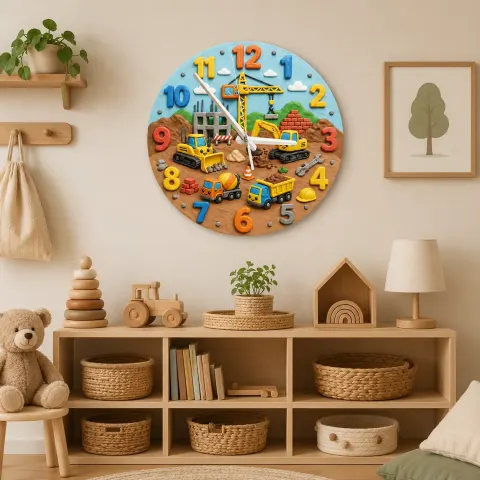 Vista alternativa di Construction Vehicles Kids Room Wall Clock | Little Boys Bedroom Decor, Playroom Nursery Art & Baby Shower Gift Idea (13.6 inch / 34.5 cm)
