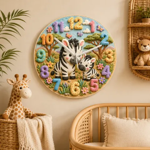 Vista alternativa di Sweet Mother & Baby Zebra Kids Room Wall Clock | Safari Animal Nursery Decor, Beautiful New Baby Shower Gift Keepsake (13.6 inch / 34.5 cm)