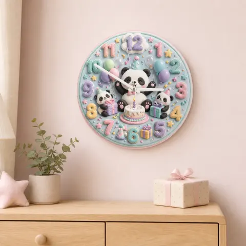 Pastel Birthday Panda Kids Room Wall Clock | Whimsical Animal Nursery Decor, Sweet Baby Shower Gift For Girls & Boys (13.6 inch / 34.5 cm)