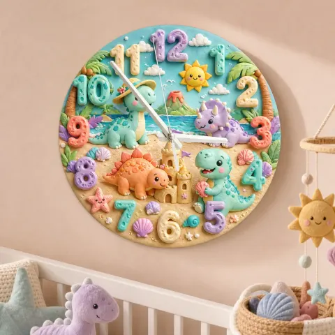 Vista alternativa de Reloj de pared infantil con dinosaurio en la playa en tonos pastel | Decoración de guardería tropical, regalo de baby shower y cumpleaños para sala de juegos (34.5 cm)