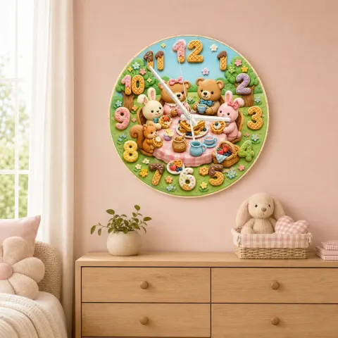 Vista alternativa di Woodland Tea Party Kids Room Wall Clock | Bunny Bear Nursery Decor, Sweet Baby Shower Birthday Gift (13.6 inch / 34.5 cm)