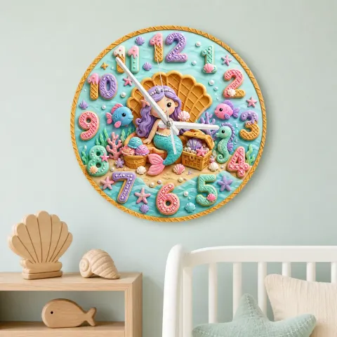 Vista alternativa di Mermaid Treasure Chest Kids Room Wall Clock | Seashell Ocean Nursery Decor, Baby Girl Birthday Gift (13.6 inch / 34.5 cm)
