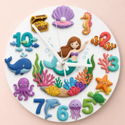 Mermaid Under The Sea Kids Room Wall Clock | Cute Ocean Marine Life Nursery Decor, Baby Girl Room Birthday Gift Idea (13.6 inch / 34.5 cm)