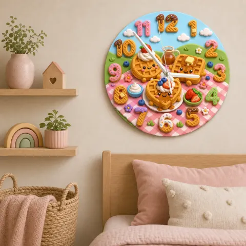 Waffle Breakfast Kids Room Wall Clock | Sweet Picnic Nursery Decor, Cute Playroom Birthday Gift (13.6 inch / 34.5 cm)