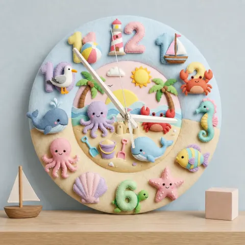 Pastel Ocean Animals Kids Room Wall Clock | Under The Sea Nursery Decor, Beach Theme Baby Shower Gift For Boy Girl (13.6 inch / 34.5 cm)