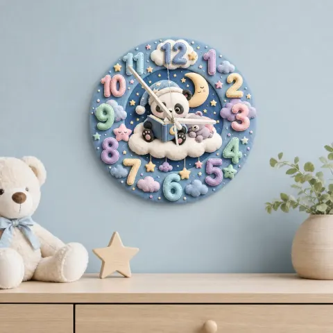 Bedtime Reading Panda Kids Room Wall Clock | Pastel Night Sky Nursery Decor, Cute Baby Shower Gift For New Parents (13.6 inch / 34.5 cm)