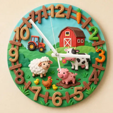 Farm Animals Barnyard Kids Room Wall Clock | Red Tractor Cow Pig Nursery Decor, Baby Boy Girl Birthday Keepsake Gift (13.6 inch / 34.5 cm)