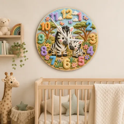 Sweet Mother & Baby Zebra Kids Room Wall Clock | Safari Animal Nursery Decor, Beautiful New Baby Shower Gift Keepsake (13.6 inch / 34.5 cm)