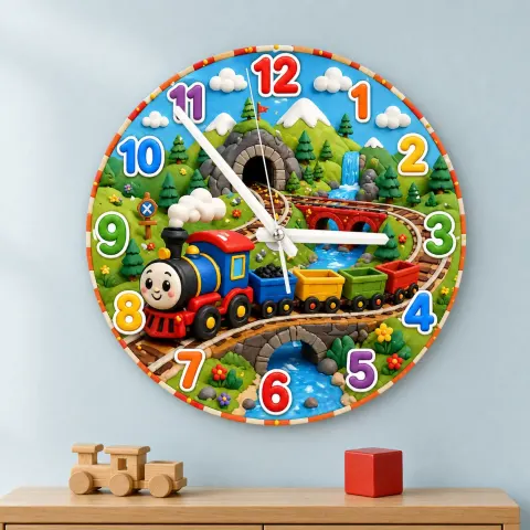 Reloj de pared de tren de juguete sonriente para habitación infantil | Decoración de guardería ferroviaria colorida, regalo de cumpleaños para niño (34.5 cm)