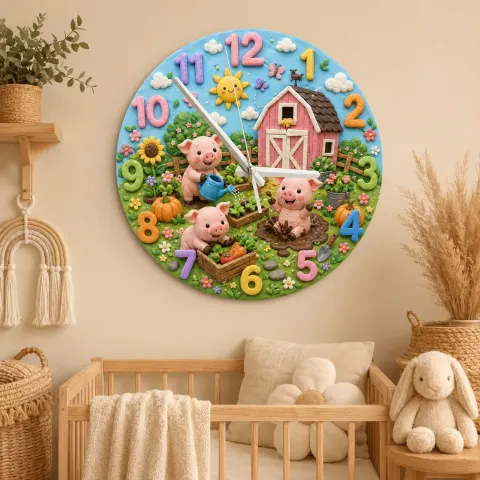 Playful Farm Pigs Kids Room Wall Clock | Barnyard Animal Nursery Decor, Baby Shower Or Birthday Gift For Boy Or Girl (13.6 inch / 34.5 cm)