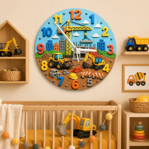 Vista alternativa di Construction Site Vehicles Kids Room Wall Clock | Boys Nursery Decor, Playroom Wall Art, Perfect Toddler Boy Gift Idea (13.6 inch / 34.5 cm)