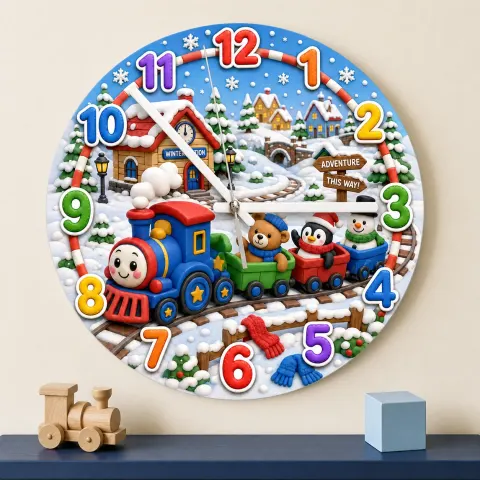 Reloj de pared para niños con tren de invierno | Decoración de guardería de pueblo nevado, regalo mágico para la habitación de un niño pequeño (34.5 cm)
