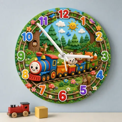 Vista alternativa de Reloj de pared de aventura en tren en el bosque para habitación infantil | Decoración de guardería juguetona, regalo de cumpleaños para niño (34.5 cm)