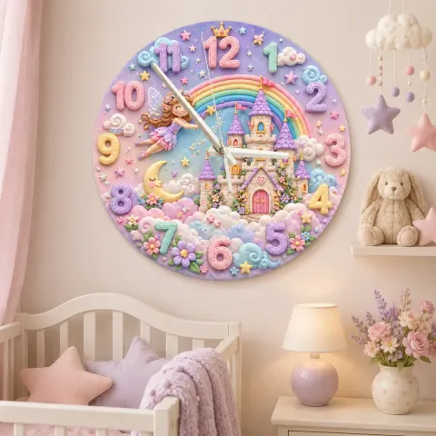 Magical Fairy Tale Castle Kids Room Wall Clock | Pastel Rainbow Nursery Decor, Little Girl Bedroom Birthday Keepsake (13.6 inch / 34.5 cm)