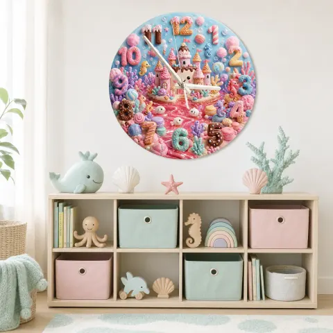 Vista alternativa di Pastel Candy Castle Kids Room Wall Clock | Sweet Ocean Fantasy Nursery Wall Decor, Little Girl Bedroom Birthday Gift (13.6 inch / 34.5 cm)