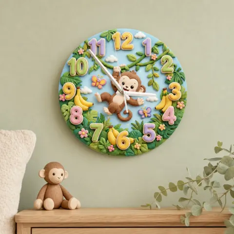 Swinging Safari Monkey Kids Room Wall Clock | Pastel Jungle Nursery Decor, Unique Baby Shower Gift For Boys Or Girls (13.6 inch / 34.5 cm)