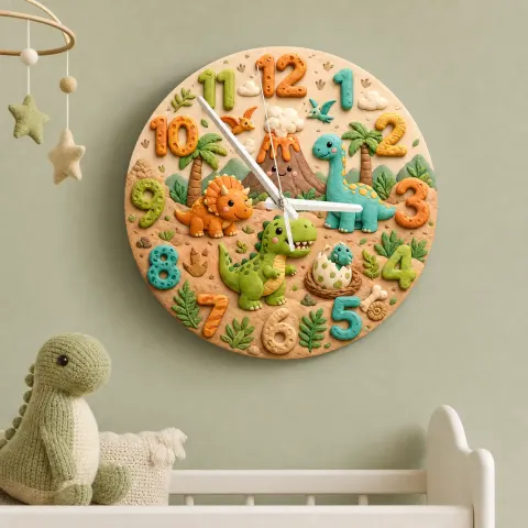 Vista alternativa de Reloj de pared infantil con dinosaurio tierno en la jungla | Decoración de guardería T-Rex prehistórico, idea de regalo de cumpleaños para niño (34.5 cm)