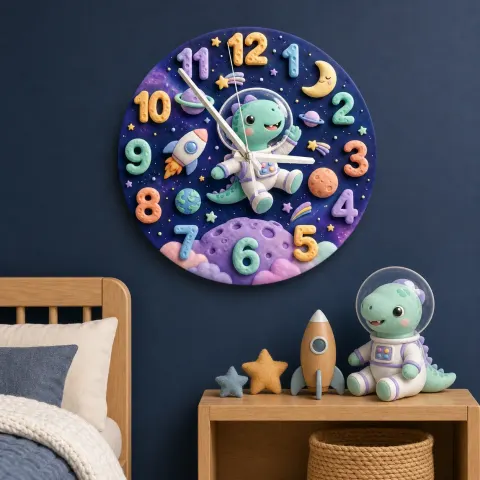Reloj de pared infantil con dinosaurio astronauta | Decoración de guardería del espacio exterior, regalo de arte de pared de dormitorio para niños (34.5 cm)