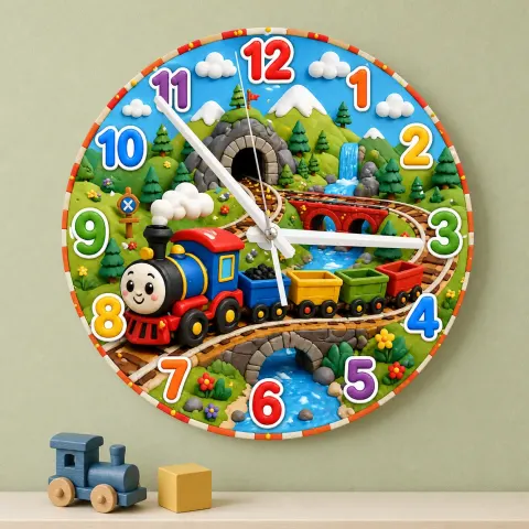 Vista alternativa de Reloj de pared de tren de juguete sonriente para habitación infantil | Decoración de guardería ferroviaria colorida, regalo de cumpleaños para niño (34.5 cm)