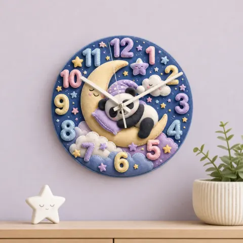 Sleeping Panda on Moon Kids Room Wall Clock | Dreamy Starry Night Nursery Decor, Beautiful Baby Shower Gift Keepsake (13.6 inch / 34.5 cm)